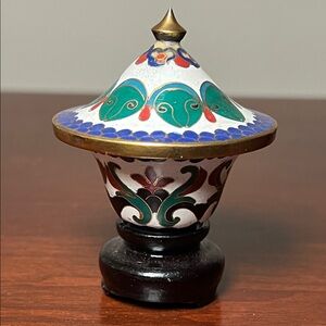 Vintage Asian Cloisonné Enamel Small Jar Trinket Ring Box Pedestal Wooden Stand